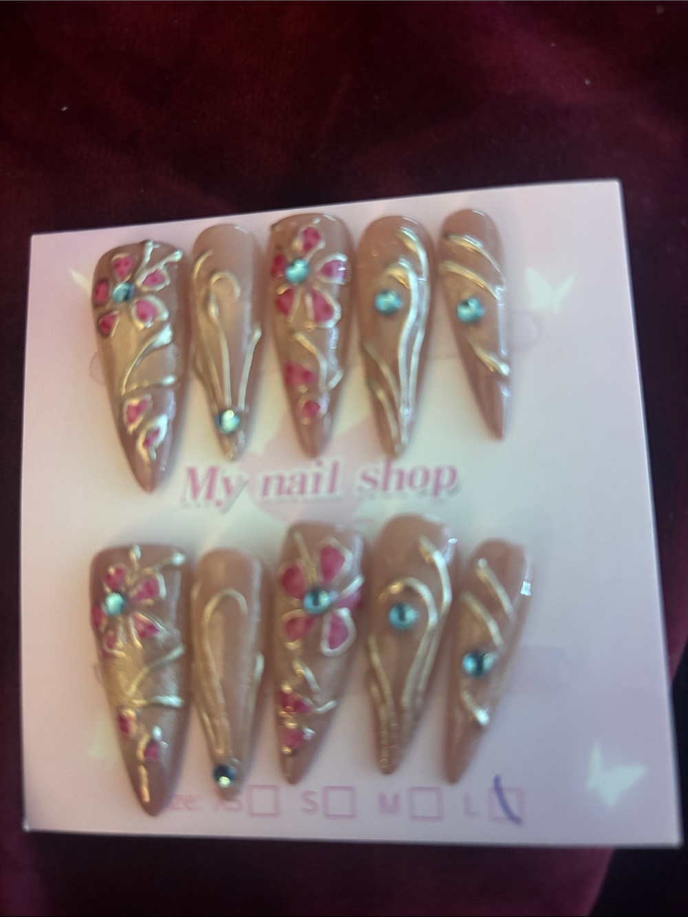 Nude & Pink Floral Press-On Nails with Blue Gem Accents